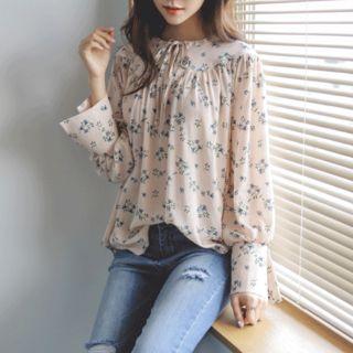 Tie-neck Wide-cuff Floral Chiffon Top