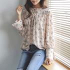 Tie-neck Wide-cuff Floral Chiffon Top