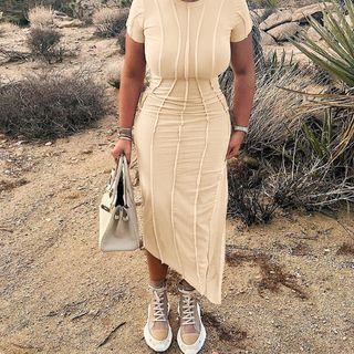 Short-sleeve Crew Neck Midi Sheath Dress