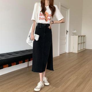 Short-sleeve Bear Print T-shirt / Slit Midi A-line Denim Skirt