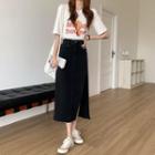 Short-sleeve Bear Print T-shirt / Slit Midi A-line Denim Skirt