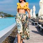 Set Of 3: Printed Cover-up + Frill-trim Bikini Top + Swim Shorts