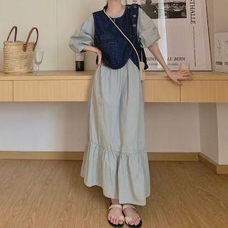 Puff-sleeve Tiered Maxi A-line Dress / Vest