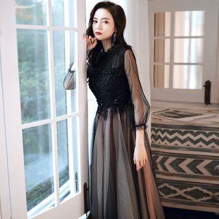 3/4-sleeve Embroidered Mesh A-line Gown