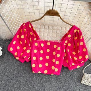Puff Sleeve Dotted Print Crop Blouse