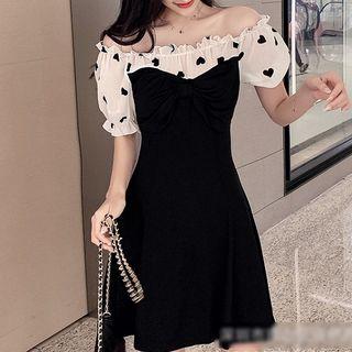 Mock Two-piece Heart Print Short-sleeve A-line Dress