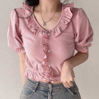 Short Sleeve V-neck Ruffled Ribbed-knit Crop Cardigan