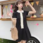 Short-sleeve Frill Trim Mini A-line Dress Black - One Size