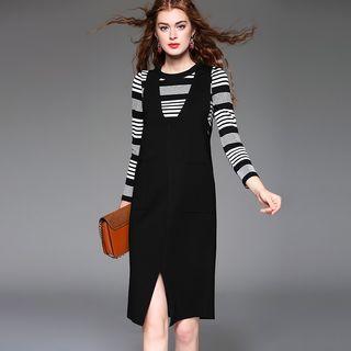 Set: Long-sleeve Striped Top + Slit-front Jumper Dress