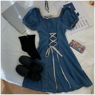 Short-sleeve Lace Trim Denim Midi Dress