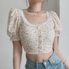 Puff-sleeve Lace Trim Floral Cropped Blouse