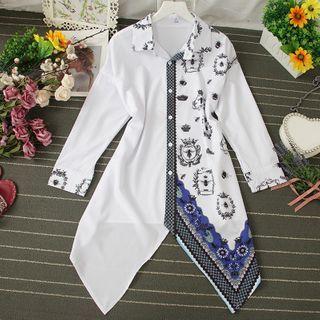 Asymmetric Printed Panel Long-sleeve Blouse As Shown In Figure - One Size