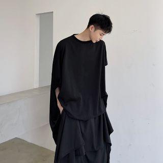 Short-sleeve Plain Asymmetrical Top Black - One Size