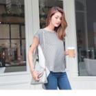 Short Sleeve V-neck Pinstriped Top