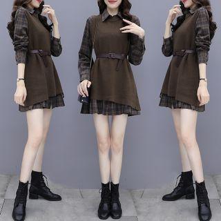 Set: Long-sleeve Plaid Shirtdress + Asymmetrical Hem Knit Vest