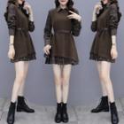 Set: Long-sleeve Plaid Shirtdress + Asymmetrical Hem Knit Vest