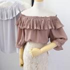 Off Shoulder Pleated 3/4 Sleeve Chiffon Top