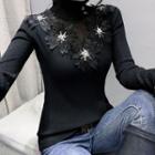 Long-sleeve High-neck Embroidered Mesh Panel Top