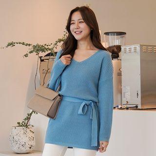 V-neck Drop-shoulder Sweater With Sash