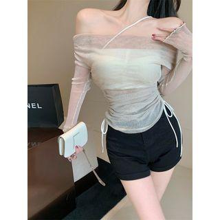 Set: Long-sleeve Off-shoulder Drawstring Slim-fit Mesh Top + Camisole Top
