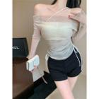 Set: Long-sleeve Off-shoulder Drawstring Slim-fit Mesh Top + Camisole Top