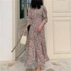 Floral Print Wrap Lace Up Elbow-sleeve Dress