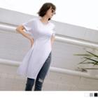 Short-sleeve Plain Draped Slit-side Long T-shirt