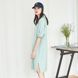 Puff-sleeve Slit-side Polo Dress