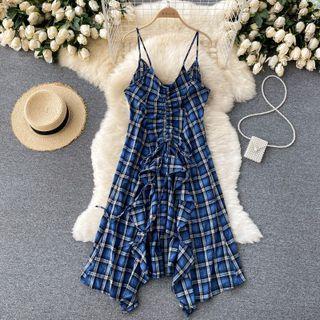 Drawstring Plaid Asymmetrical Spaghetti-strap Dress Blue - One Size