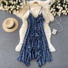 Drawstring Plaid Asymmetrical Spaghetti-strap Dress Blue - One Size