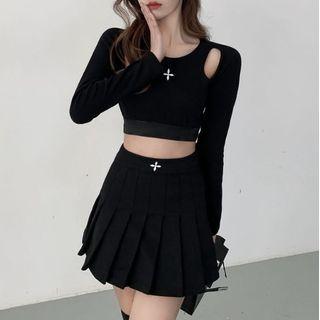 Long-sleeve Cross Print Cutout Crop Top / High Waist Mini Pleated Skirt