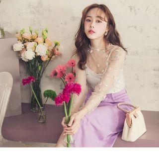 Mock Neck Frilled Trim Floral Embroidered Mesh Top