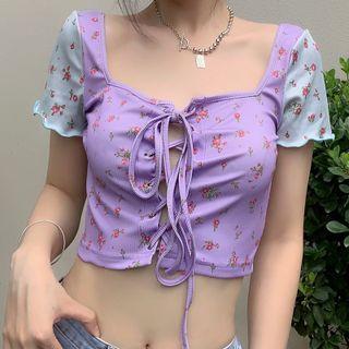 Short-sleeve Flower Print Lace Up Cropped T-shirt