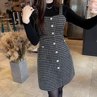 Set: Tweed Overall Dress + Mock-neck Knit Top