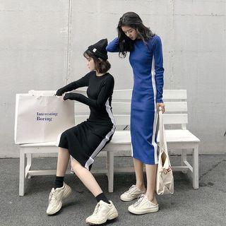 Color-block Long Sleeve Plain Dress
