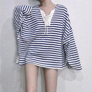 V-neck Striped Long-sleeve Top Stripe - One Size
