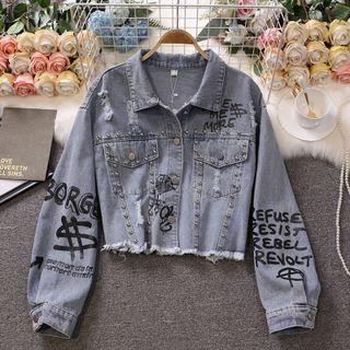 Lettering Print Denim Cropped Jacket Blue - One Size