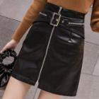 Faux Leather Zip Mini Fitted Skirt