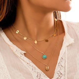 Turquoise Alloy Shell Pendant Layered Necklace