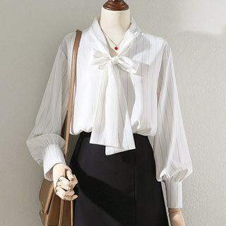Lantern-sleeve Bow Striped Shirt