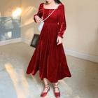 Plain Square-neck Slim-waist A-line Long-sleeve Dress Wine Red - One Size