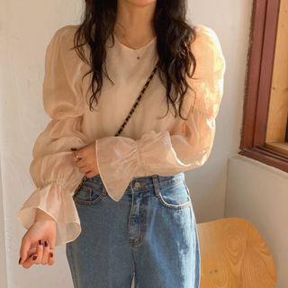 Bell-sleeve Plain Drawstring Back Blouse Almond - One Size