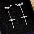Rhinestone Cross Dangle Earring 1 Pair - Silver Needle - As Shown In Figure - One Size