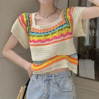Short-sleeve Striped Knit Top Stripes - Almond - One Size