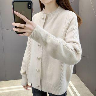 Long-sleeve Plain Single-breasted Cable Knit Cardigan