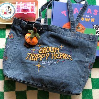 Lettering Embroidered Denim Tote Bag Denim Blue - One Size