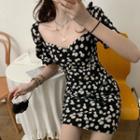 Daisy-print Puff-sleeve Mini Dress