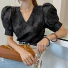 Puff-sleeve Flower Embroidery Blouse