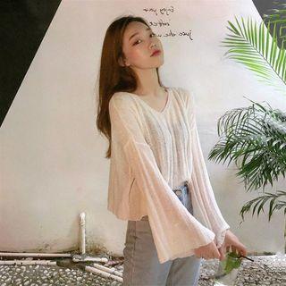 V-neck Bell-sleeve Loose-fit Knit Top