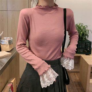 Long-sleeve Frill Trim Lace Panel Plain Top